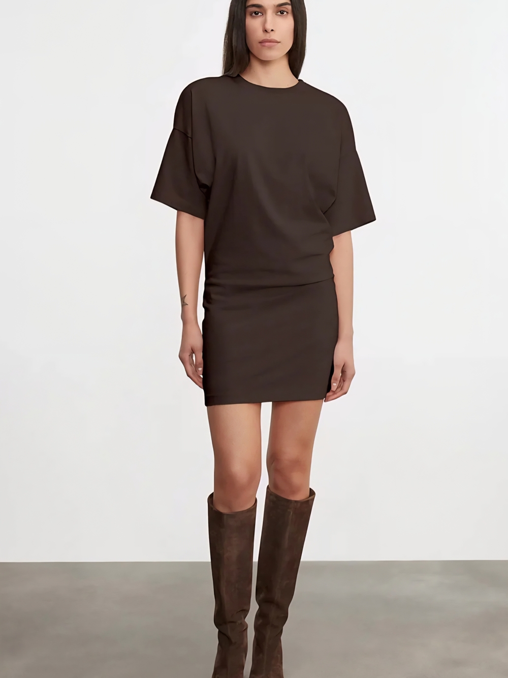 Enza Costa Shirt Sleeve Supima Curve Mini Dress Quiet Luxury XS Coffee Bean